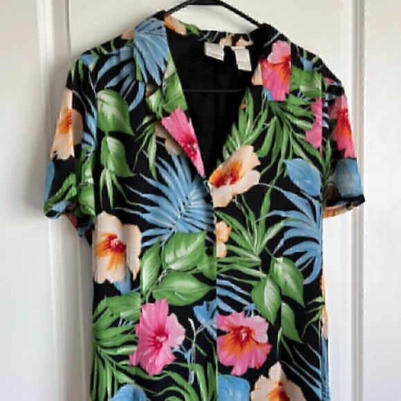 80s Hawaiian Short Sleeve Vintage Flower Button Down Tie Waist Maxi Dress 16 - Picture 3 of 10